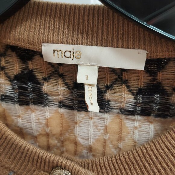 MAJE Mira Wool Camel Argyle Cardigan - Picture 2 of 6
